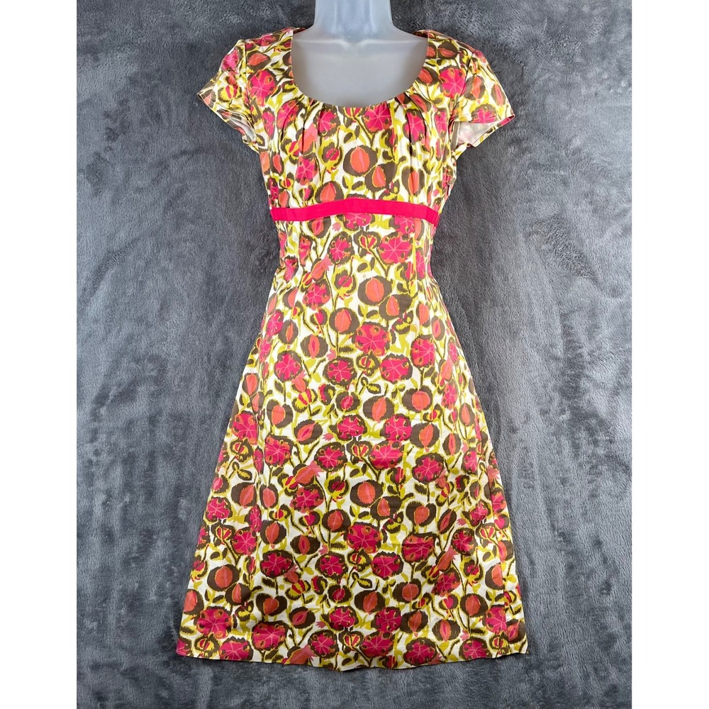 Boden Cotton Empire Waist Dress Sz 4 Long Floral Retro 60s Mod Scoop Neck